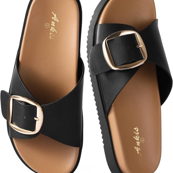 Shoes - Women Flat Sandals Leather Wide Width Slip-On Comfortable Dressy Summer